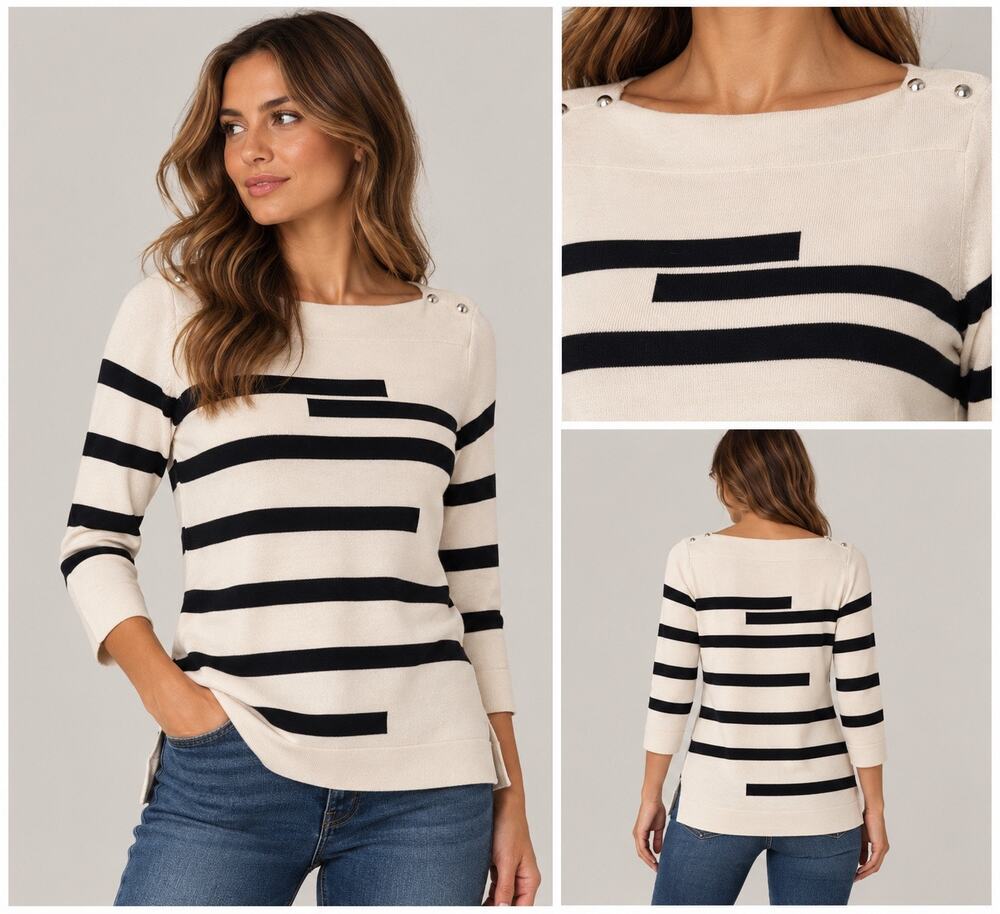 The Limited Women’s S Ivory Black Striped Boat Neck Sweater Button Nautical
